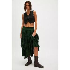 Free People FP One Averie Plaid Boho Billowy Tiered Asymmetrical Raw Hem Skirt